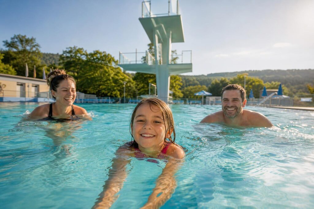 KI-generiertes Bild: family fun outdoor swimming pool Baden-Württemberg sunny day
