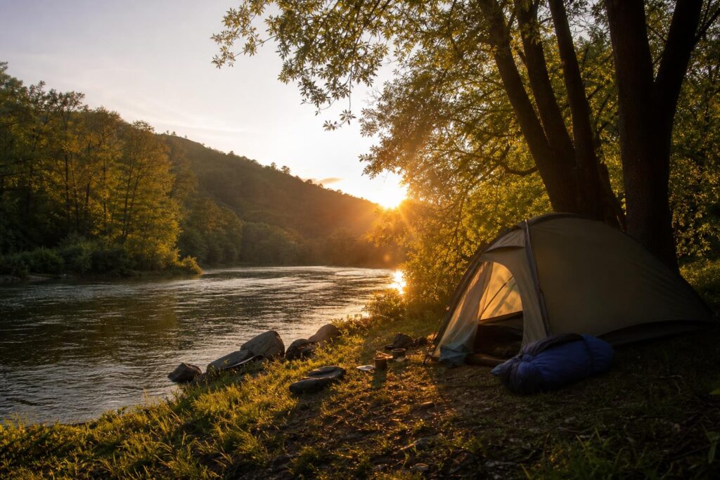 KI-generiertes Bild: tent campsite river bank sunset Baden-Württemberg